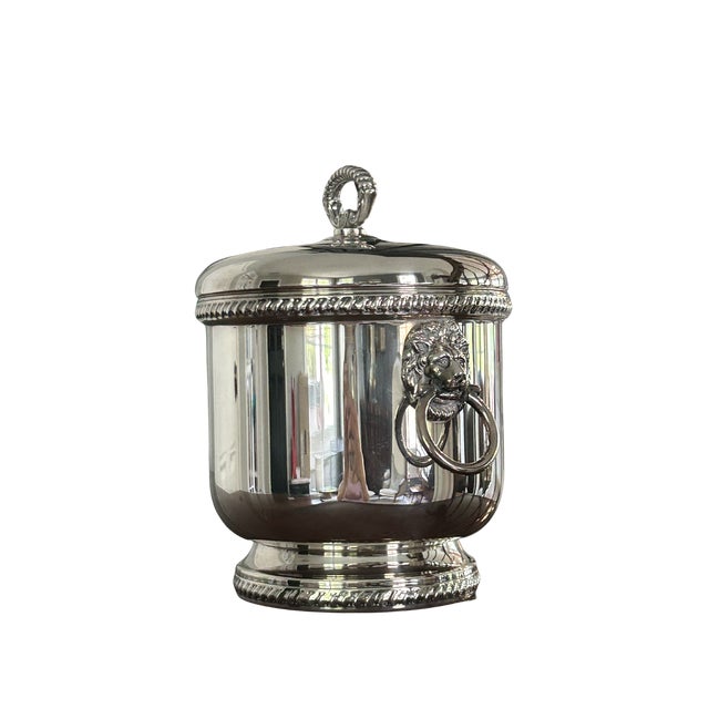 Vintage the Sheffield Silver Co. Silver-Plated Ice Bucket With Lion Head Handles, Milk Glass Liner & Ornate Ice Tongs | Hollywood Regency Barware For Sale - Image 9 of 15