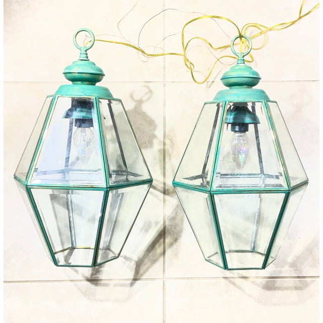 1980s Stunning Pair of Vintage Solid Brass & Glass Geometric Hanging Lanterns - a Pair For Sale - Image 4 of 16