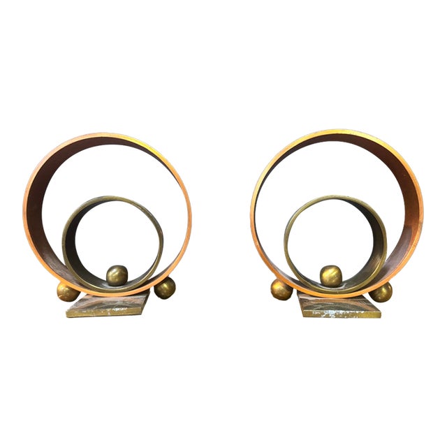 1940s Pair of Machine Age Art Deco Copper&brass Bookend by Walter Von Nessen For Sale