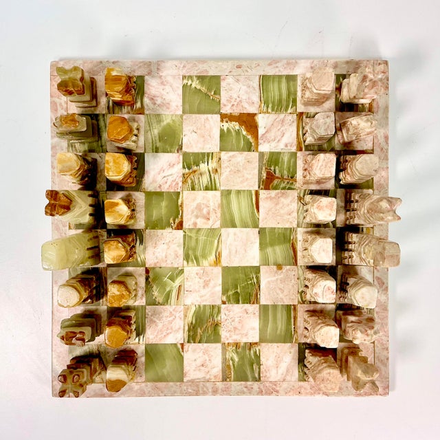Gemstone 1970s Vintage Italian Mediterranean Hand Carved Pink Marble & Sage Onyx Chess Set - 33 Pieces For Sale - Image 7 of 16