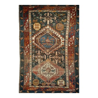 Antique Caucasian Kazak Rug, Hand-Knotted Wool, Geometric Pattern, Blue & Red, 3' x 5' For Sale