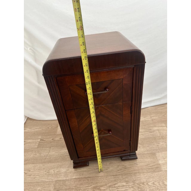 1920s Art Deco Table Nightstand Cabinet Dovetail Drawer Bake Lite Handle Inlays For Sale - Image 10 of 12