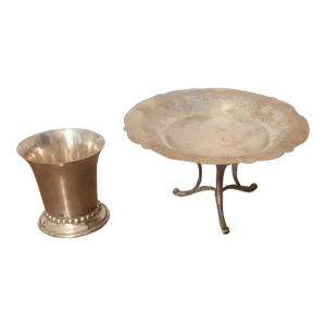 Antique Indian Silverplate Compote Dish With Ornate Stand & Matching Cup