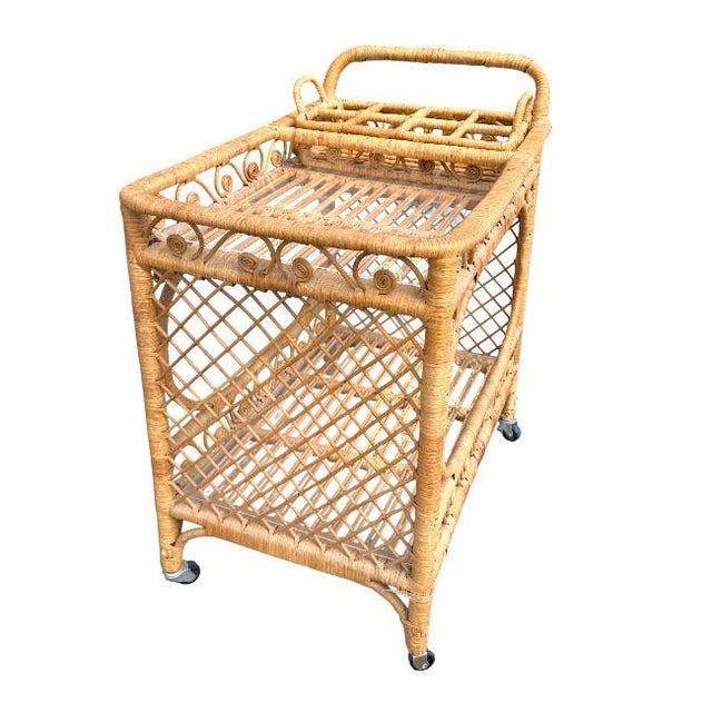 Wood Fiddle Leaf Rattan Bar Cart For Sale - Image 7 of 8
