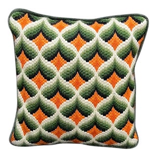 Green/Orange Teardrop Needlepoint Pillow For Sale