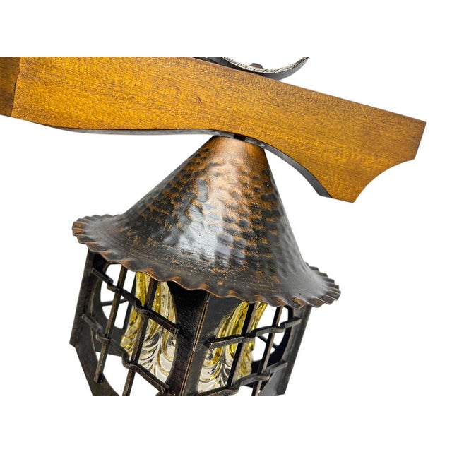 1970s Mid-Century Modern Wrougt Iron and Wood Pendant Lamp, 1970s For Sale - Image 5 of 12