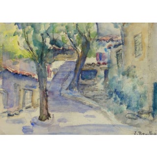 Jacques Bouillac, Vintage French Watercolor Landscape - Village Path For Sale