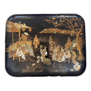 1940s Hand-Painted Asian Chinoiserie Decorative Tray For Sale
