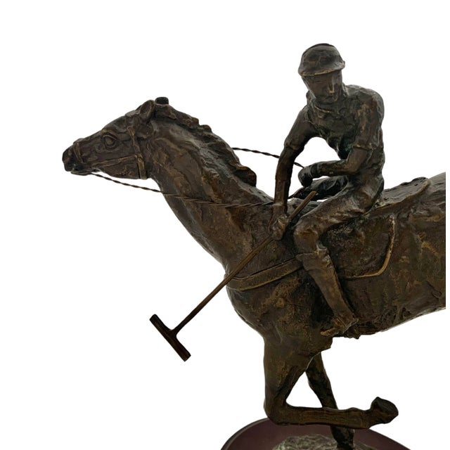 Late 20th Century Late 20th Century Jockey on Horse Sculpture Vintage Metal Rider Equestrian Figurine on Wooden Base For Sale - Image 5 of 9
