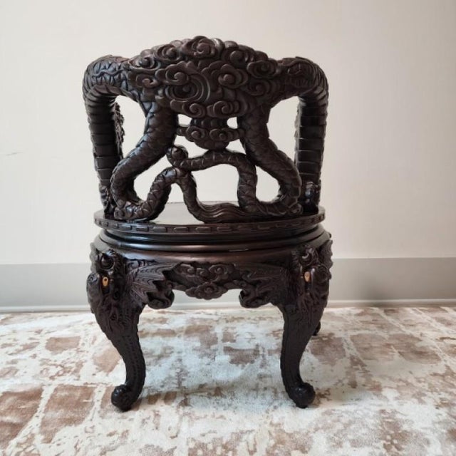 Japanese 19th Century Japanese Meiji Era Hand-Carved Dragon Throne Armchair For Sale - Image 3 of 18