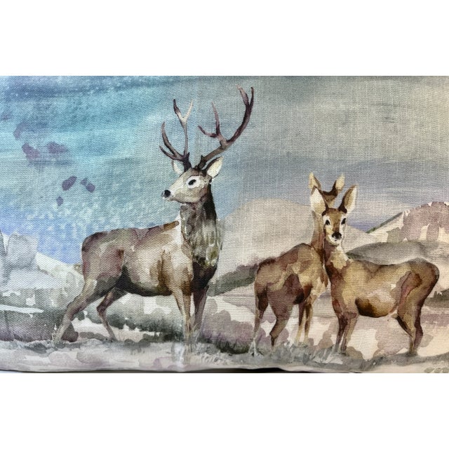 English Large Bolster Pillow Decorated With a Water Color Look Rangle of Majestic Deer Grazing in a Snowy Winter Valley - Made in the U K For Sale - Image 3 of 12