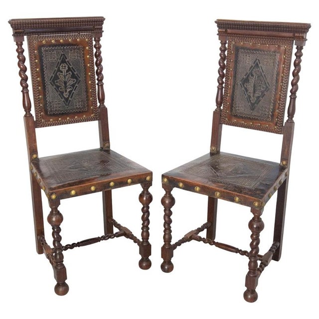 Middle Easter Oak and Leather Chairs with Studs 1920, Set of 2 For Sale - Image 18 of 18