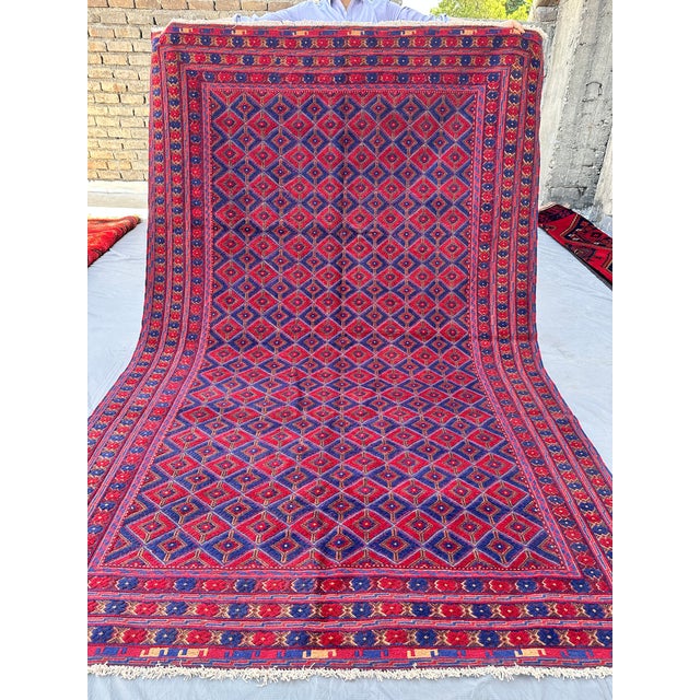 Mushwani Red and Blue Andkhoy Hand-Knotted Wool Rug - 6'4" X 9'11" For Sale - Image 4 of 11