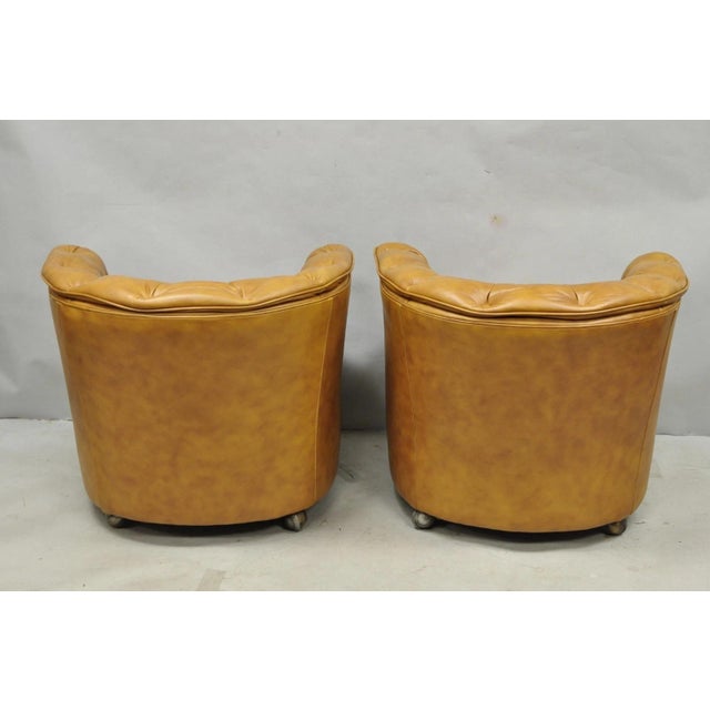 Vintage Classic Leather Chesterfield Brown Tufted Leather Barrel Club Chair Pair For Sale - Image 12 of 14
