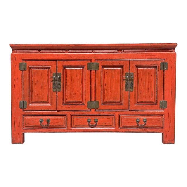 Oriental Distressed Brick Orange Red Lacquer Low Table Tv Console Cabinet For Sale