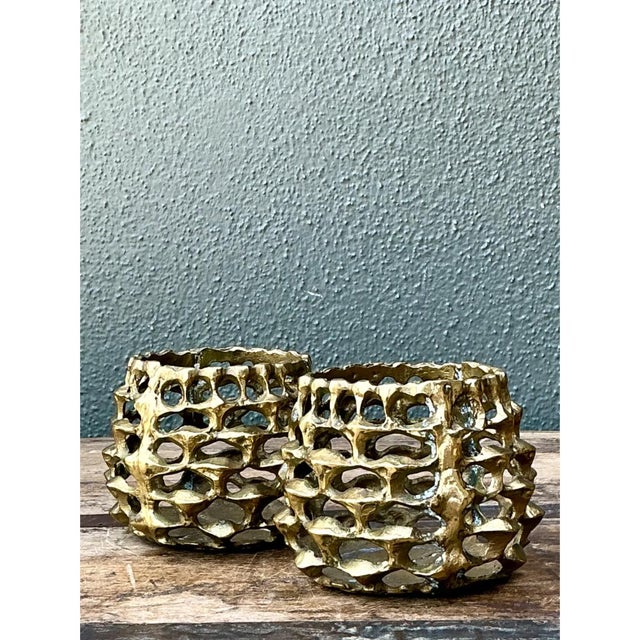 Mid-Century Modern Vintage Brutalist Brass Candle Holders - Pair For Sale - Image 3 of 12