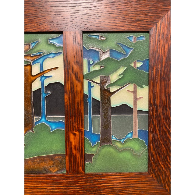 Grueby Faience Company Motawi Tileworks Tile Triptych "Pine Landscape" in Dard Hunter Oak Frame For Sale - Image 4 of 13