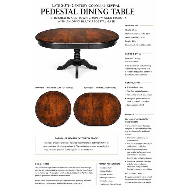 20th Century Colonial Revival Pedestal Dining Table | Old Town Chapel™ Aged Hickory | Extending 42” Round to 54” Oval For Sale In Los Angeles - Image 6 of 8