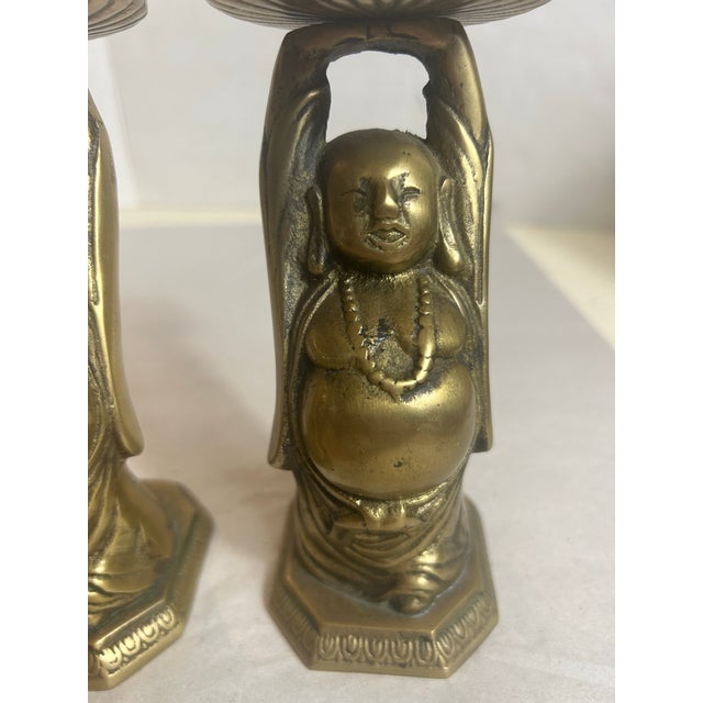 Indian Vintage Brass Buddha Altar Candle Holders - A Pair For Sale - Image 3 of 12