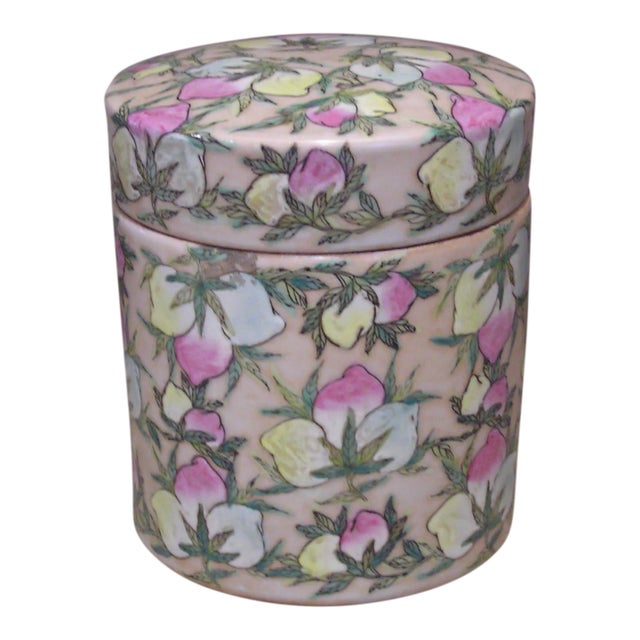 Vintage Chinese Multi-Color Pastel Ceramic Covered Jar, Signed For Sale