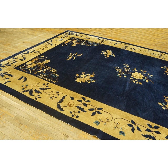 1920s Navy Blue Minimalist Floral Antique Chinese Peking Wool Rug 9' 2" X 14' 1" For Sale - Image 9 of 9
