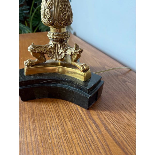 Mid 20th Century Victorian Footed Marble and Brass Table Lamp With Fabric Fringe/Tassel Lamp Shade For Sale - Image 11 of 11