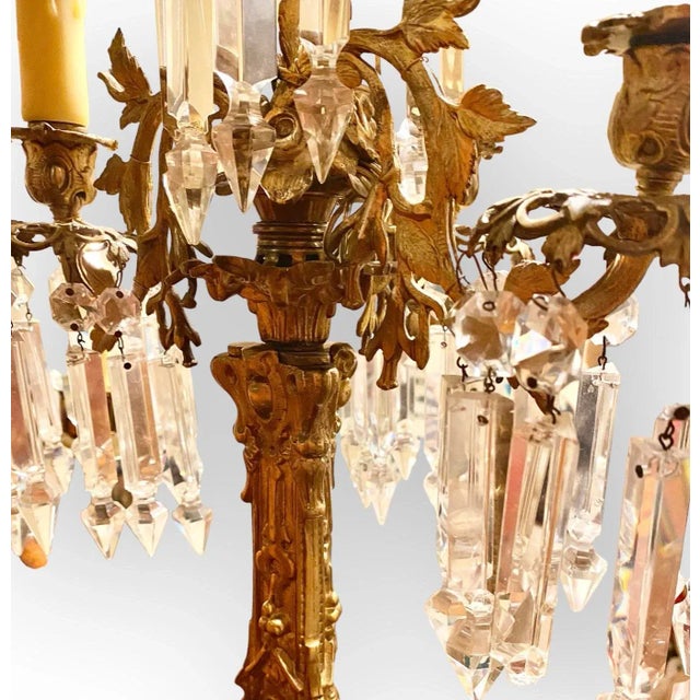 Cornelius & Co. Pair of Antique American Cornelius Gilt Bronze and Crystal Three Arm Candelabra For Sale - Image 4 of 10