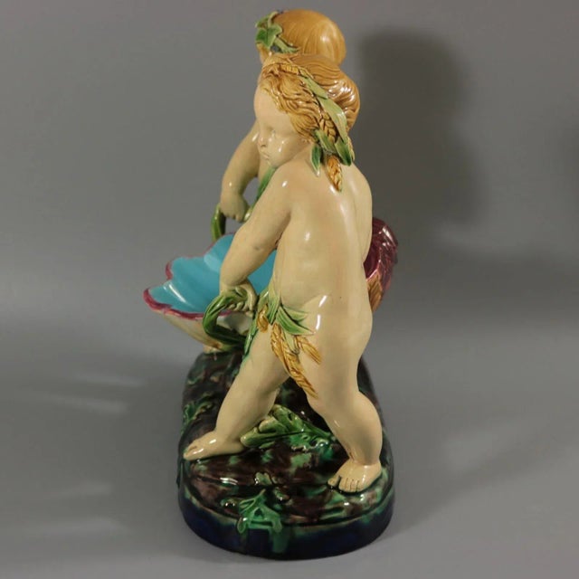 Victorian Antique Minton Majolica Putti Shell Carriers For Sale - Image 3 of 13