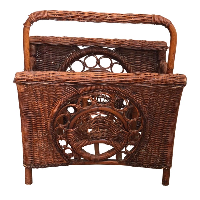 1970s Coastal Bamboo & Wicker Magazine Rack For Sale