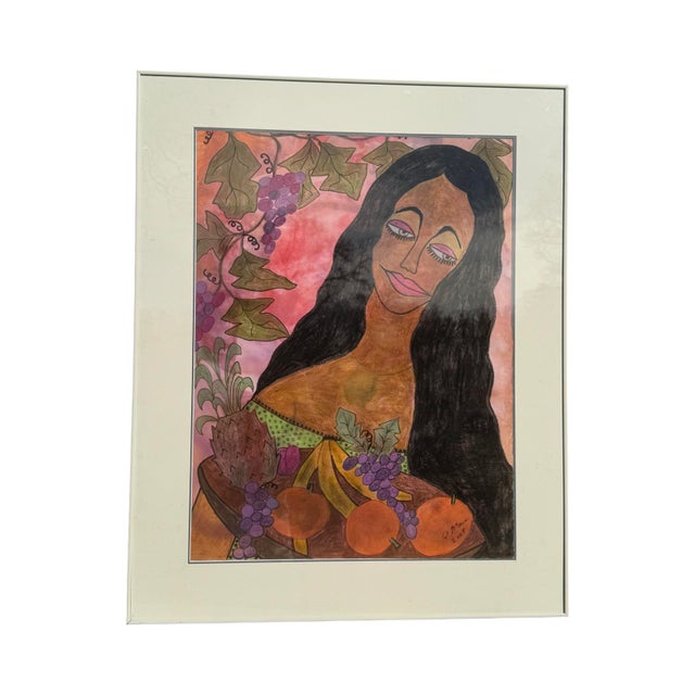 Large oil pastel painting of a woman with long dark hair and bold colored eyes holding a bowl of fruit. Signed and dated...