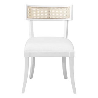 Matthew Izzo Home Britta Matte White Lacquer, Woven Cane, and Linen Upholstered Klismos Style Dining Chair For Sale
