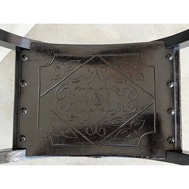 Late 19th Century 19th Century Pair of Carved Walnut Tooled Leather Savonarola Bench or Settee For Sale - Image 5 of 9