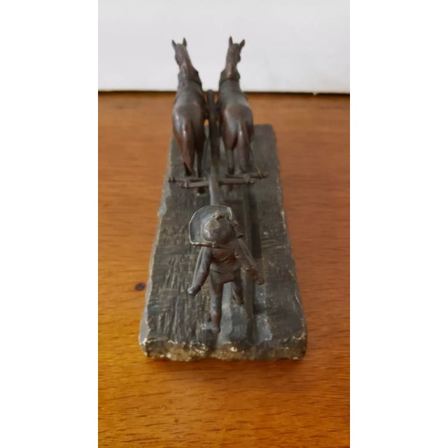 Rustic European Circa 1910 Austrian Vienna Bronze Carl Kauba Style Boy Pushing Plow Bronze Sculpture on Stone Base For Sale - Image 3 of 6