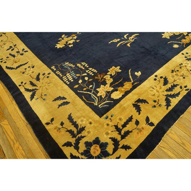 Textile 1920s Navy Blue Minimalist Floral Antique Chinese Peking Wool Rug 9' 2" X 14' 1" For Sale - Image 7 of 9