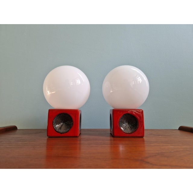 Red Ceramic Bedside Lamps with Opaline Glass Globes, 1970s, Set of 2 For Sale - Image 9 of 14