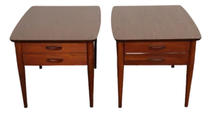Pair of Vintage Laminate and Walnut Single-Drawer Nightstands / End Tables by Lane