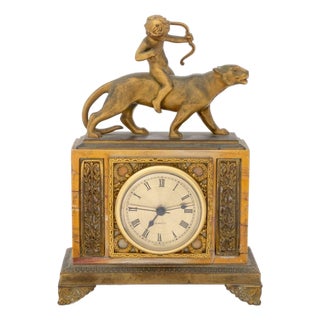 French Empire Style Cupid Riding Panther Gilt Metal and Marble Mantel Clock For Sale