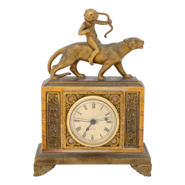 French Empire Style Cupid Riding Panther Gilt Metal and Marble Mantel Clock For Sale