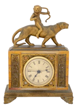 French Empire Style Cupid Riding Panther Gilt Metal and Marble Mantel Clock