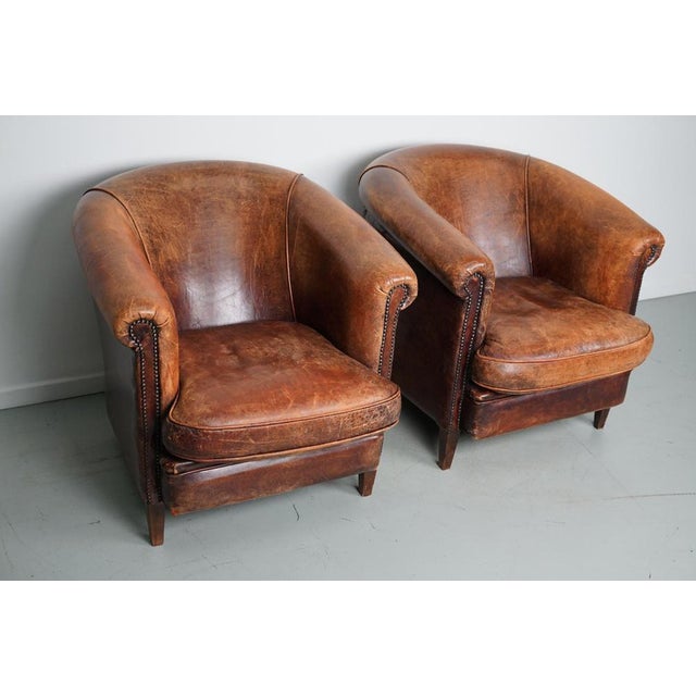 Industrial Set of Vintage Dutch Cognac Colored Leather Club Chairs For Sale - Image 3 of 18