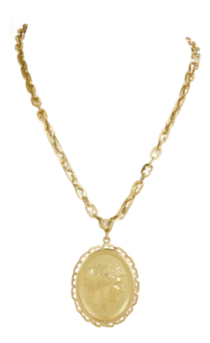Wachler Signed 18k Yellow Gold Embossed Woman Cameo Oval Pendant & Chain 26"