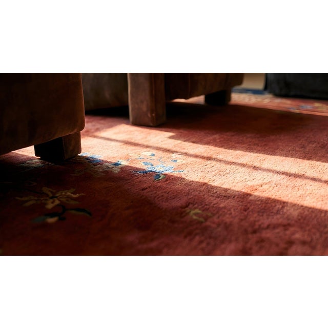 Red Beautiful Red and Blue Color With Flower Vases Design Antique Chinese Art Deco Rug For Sale - Image 8 of 10
