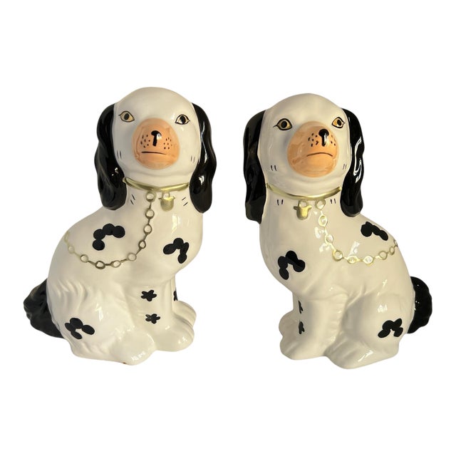 Pair of 1990s Staffordshire Style Dog Statues Mantle Figurines Gold Chain Black White For Sale