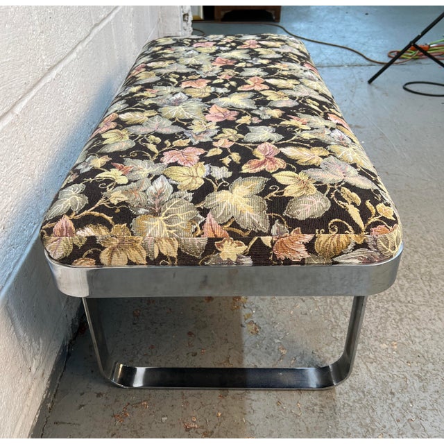 Metal Mid 20th Century Milo Baughman Style Floral Upholstered Chrome Bench For Sale - Image 7 of 9