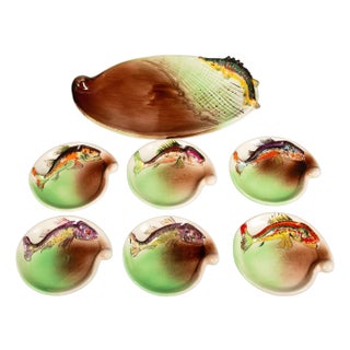 French Mid-Century Hand-Painted Fish Plate Set with Platter, Signed Vallauris, 7 Pieces For Sale