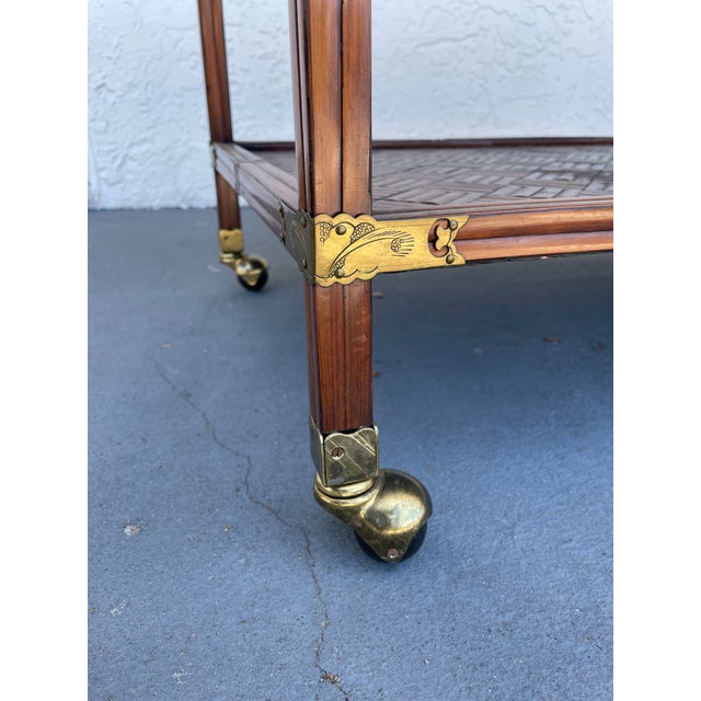 Vintage Korean Campaign Style Bar Cart With Brass Mounts & Parquet Shelves Georgian Furnishing Co. For Sale In Tampa - Image 6 of 10
