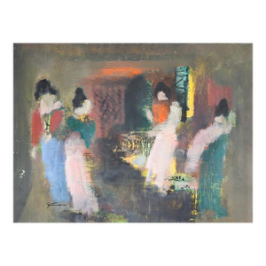 Mid 20th Century Abstract Interior With Figures Painting