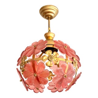 1970s Mid-Century Modern Style Hand-Painted Salmon Pink Glass Floral Globe Chandelier⁠ For Sale