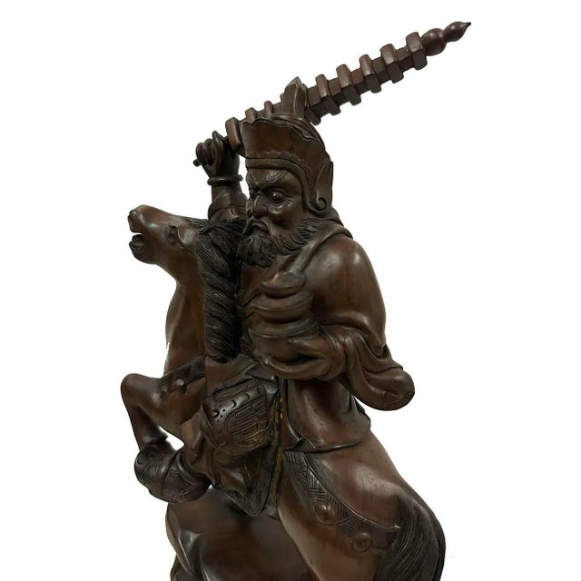 Wood Mid-20th Century Chinese Wood Carved God of Martial Wealth Status For Sale - Image 7 of 11
