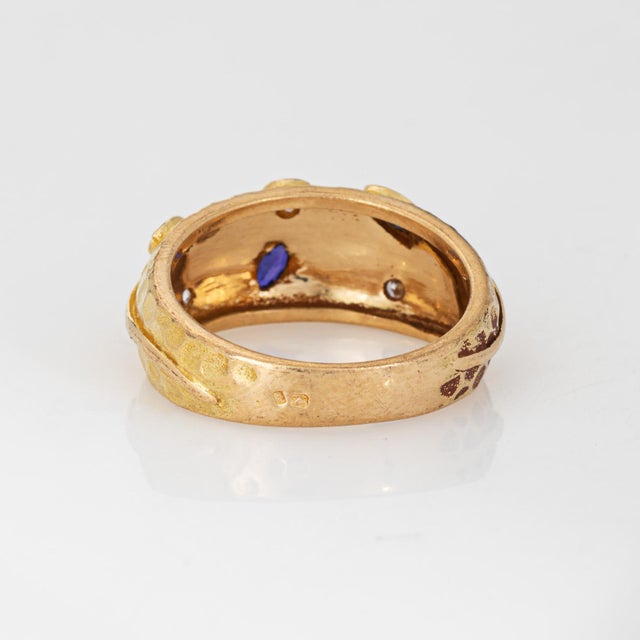 1980s 80s Portuguese Vine Leaf Ring 19k Yellow Gold Sapphire Diamond Band Sz 8.5 For Sale - Image 5 of 7